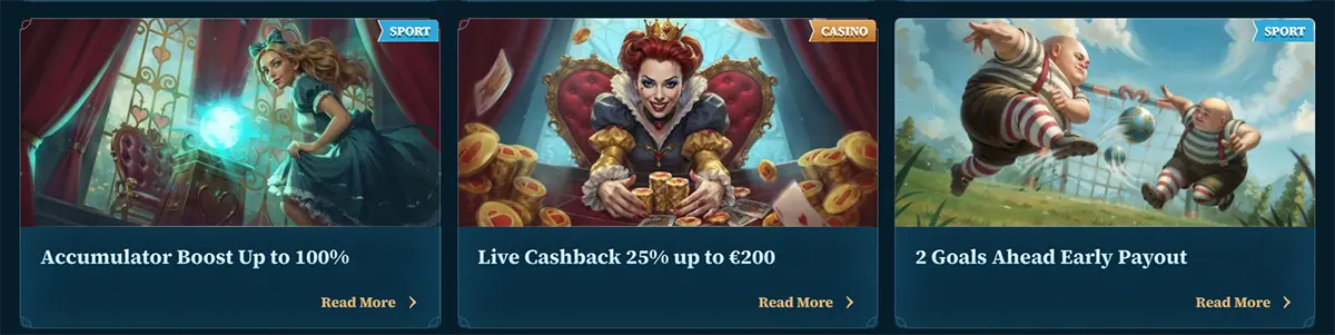 Casino and sports promo cards featuring an accumulator boost up to 100%, live cashback of 25% up to €200, and a 2 Goals Ahead early payout offer, each with fantasy-style artwork, category labels, and “Read More” links on a dark blue interface.