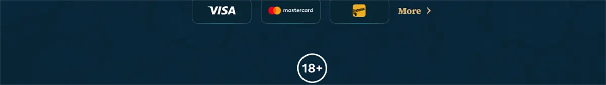 Payment methods footer with Visa, Mastercard, and Maestro icons, a “More” link, and an 18+ badge on a dark blue background.