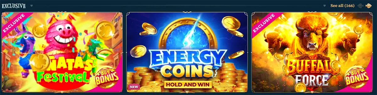 Exclusive slot games section featuring Piñatas Festival, Energy Coins Hold and Win, and Buffalo Force, with exclusive ribbons, bonus badges, and a “See all” link on a dark blue casino interface.