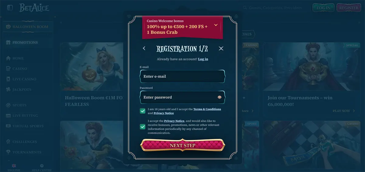 Casino registration popup labeled “Registration 1/2” with a welcome bonus selector, email and password fields, consent checkboxes, and a pink “Next Step” button on a dark blue fantasy-themed interface.